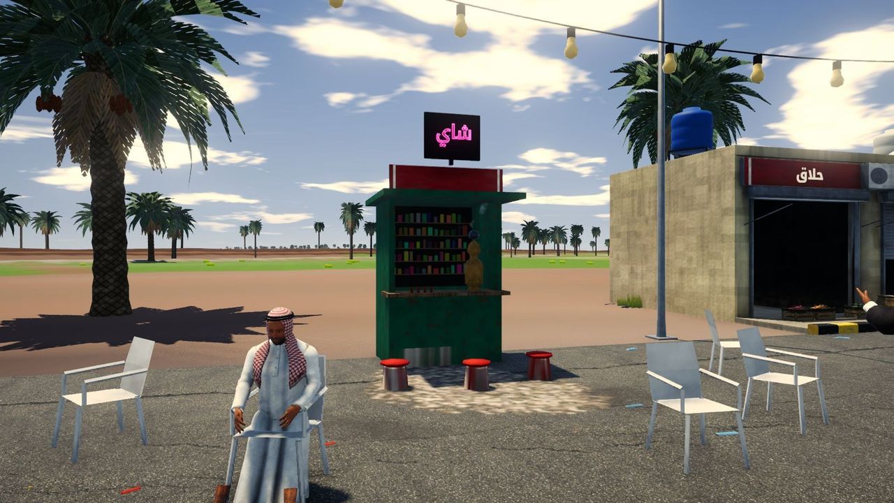رجل جالس عند كشك الچاي بالقرية